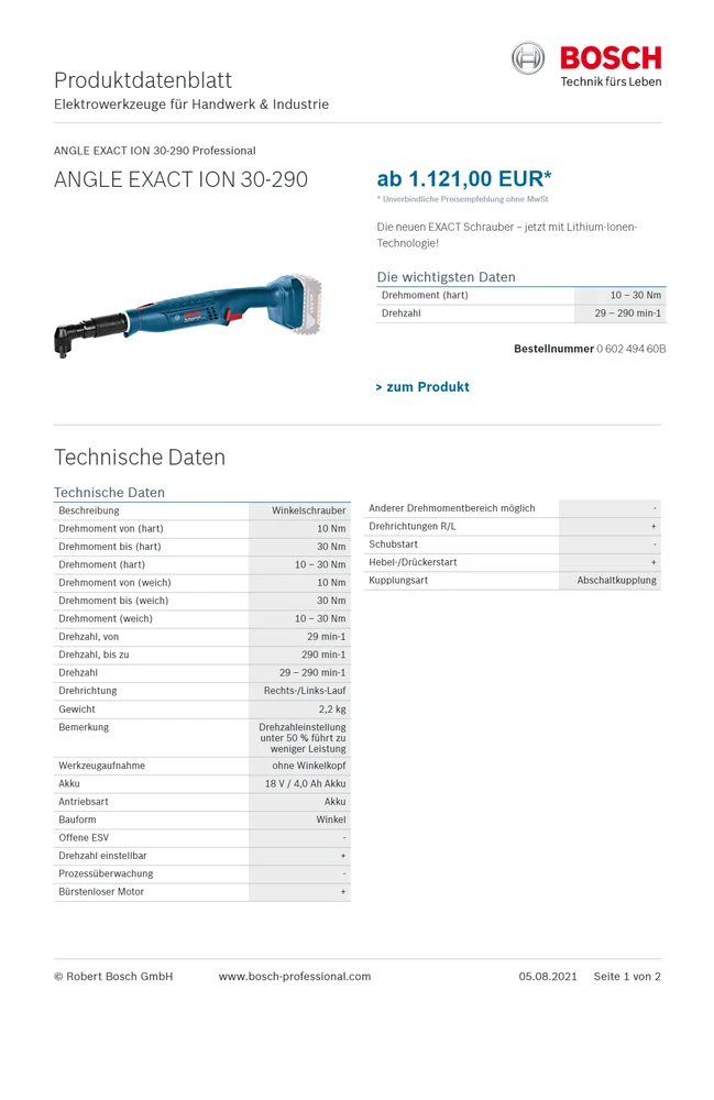 BOSCH – ANGLE EXACT ION 30 - 290 INDUSTRIAL ANGLED HEAD(SOLO)